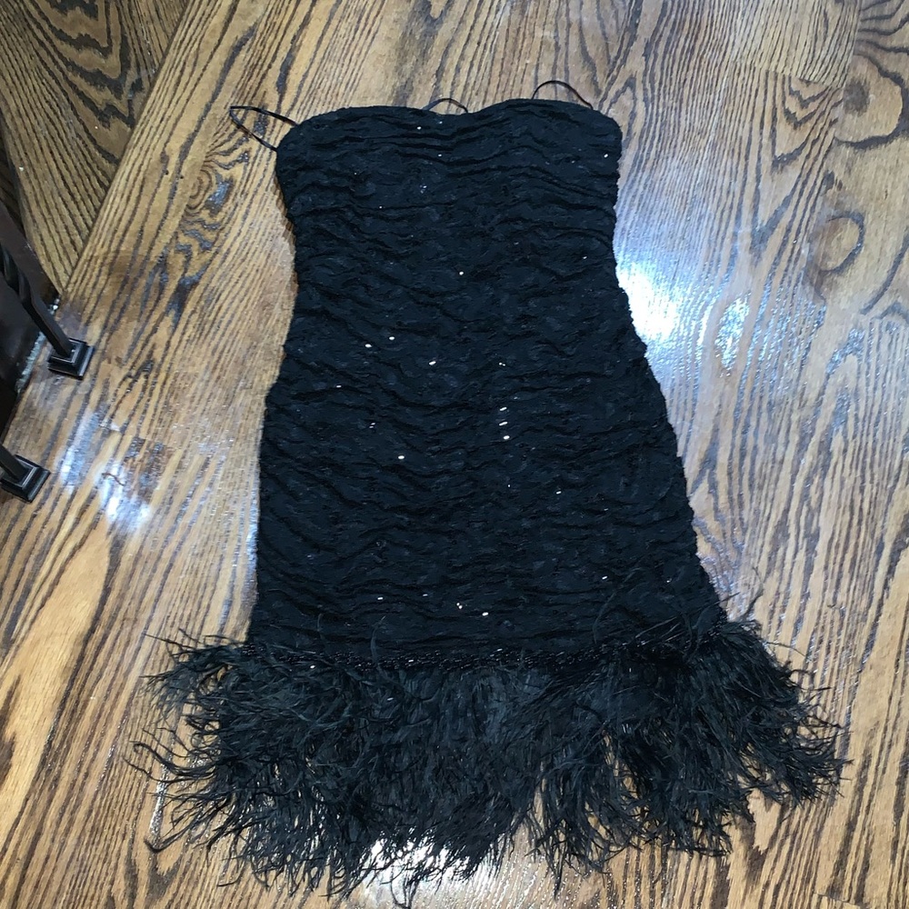 Black lace and sequin with feather dress